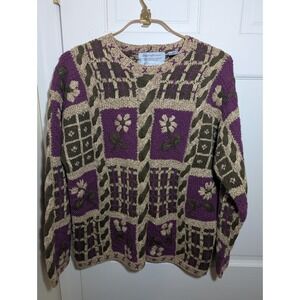 Vtg Signature By Northern Isle Woman's Hand Knitted Floral Design Sweater Large